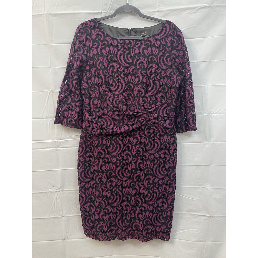 Alex Marie‎ Purple Black Lace Cocktail Party Dress 3/4 Sleeve Lined Size 12